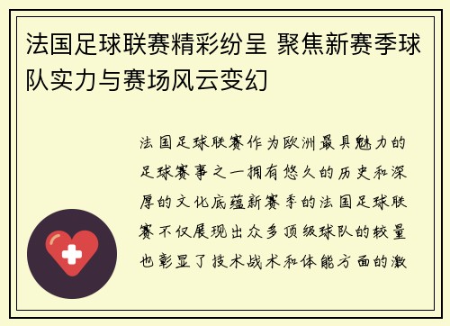 法国足球联赛精彩纷呈 聚焦新赛季球队实力与赛场风云变幻