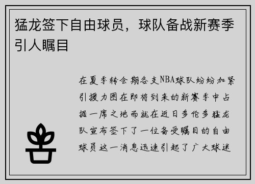 猛龙签下自由球员，球队备战新赛季引人瞩目