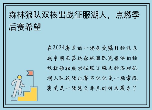 森林狼队双核出战征服湖人，点燃季后赛希望